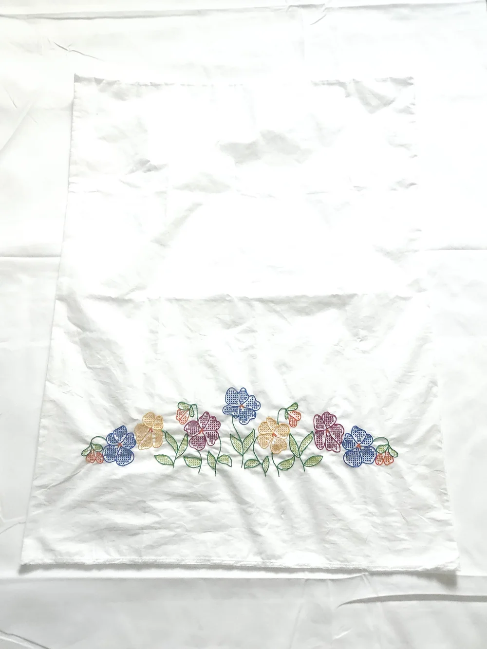 Embroidered Floral Pillowcase in White with Multicolor Flowers